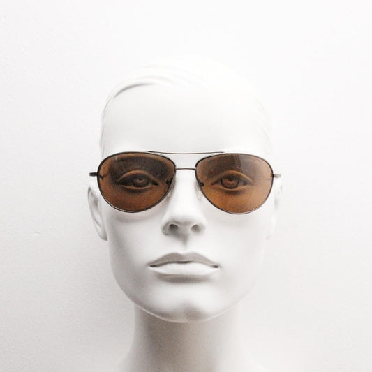 Y2K vintage medium sized aviator sunglasses. Brown chrome metal frame with curved lenses. Teardrop aviators. Pilot. Unused NOS.