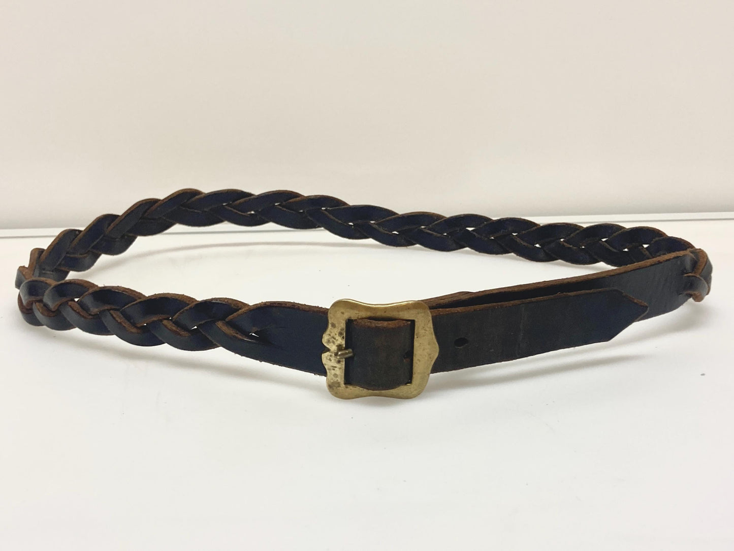 80s vintage thick black genuine leather plaited western 1" belt with changeable brass buckle. For jeans and trousers. Rawhide