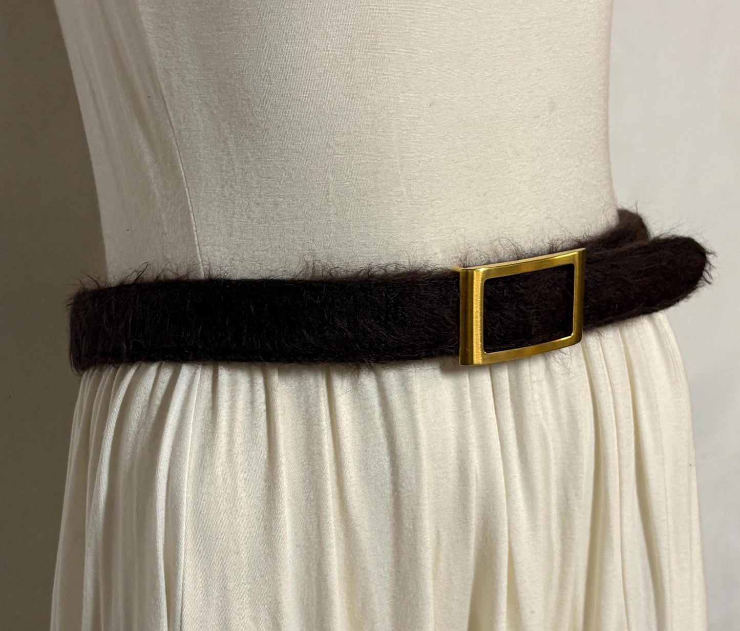 Y2k vintage womens feature belt by Njal of Milan. Luxury brown fuzzy mohair with gold buckle. To wear on a dress. 2000s NOS