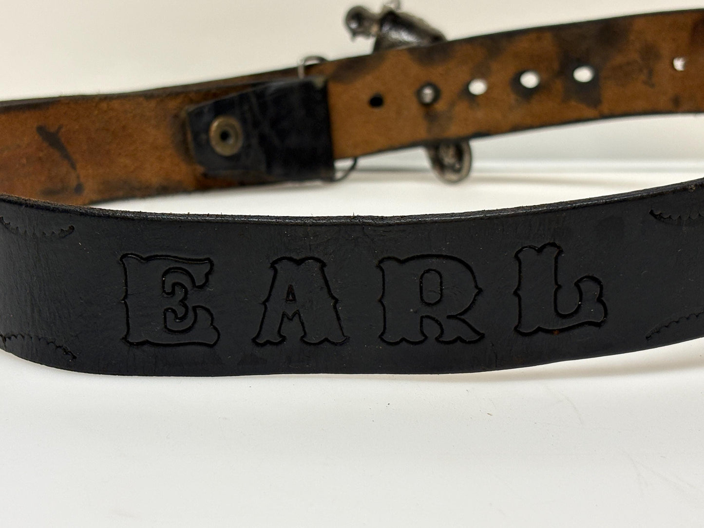 70s vintage Bergamot brass works 3D motorbike rider buckle on black genuine leather textured and embossed changeable belt. Moto X scrambler