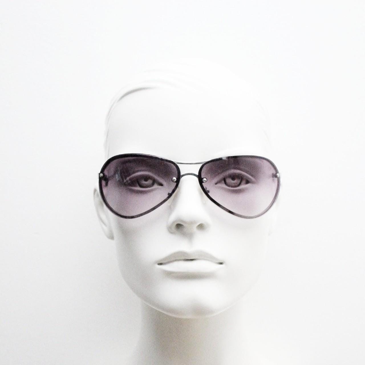 Y2K vintage bug eye aviator sunglasses. Silver chrome metal frame with curved mulberry lenses. Racing aviators. Unused NOS.