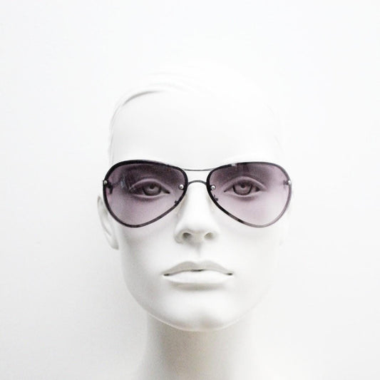 Y2K vintage bug eye aviator sunglasses. Silver chrome metal frame with curved mulberry lenses. Racing aviators. Unused NOS.