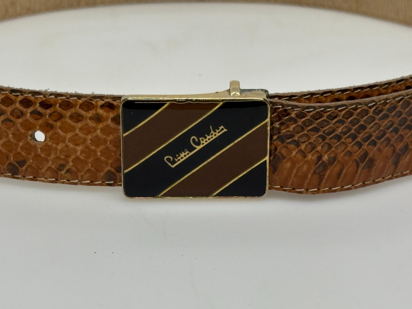 Pierre Cardin 80s vintage belt in genuine snakeskin with neat sized rectangular enamelled black and brown striped buckle. Made in Italy