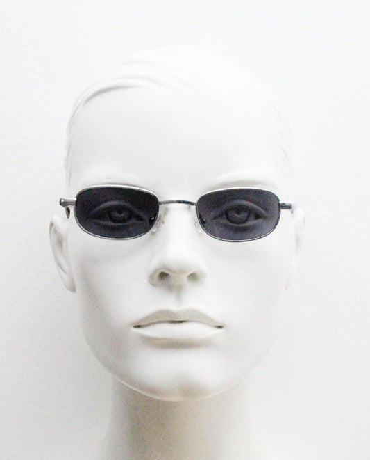 90s micro foldable rectangular sunglasses. Dark grey lenses in a small chrome folding compact frame. Folder. Rave 2000s. Y2K NOS
