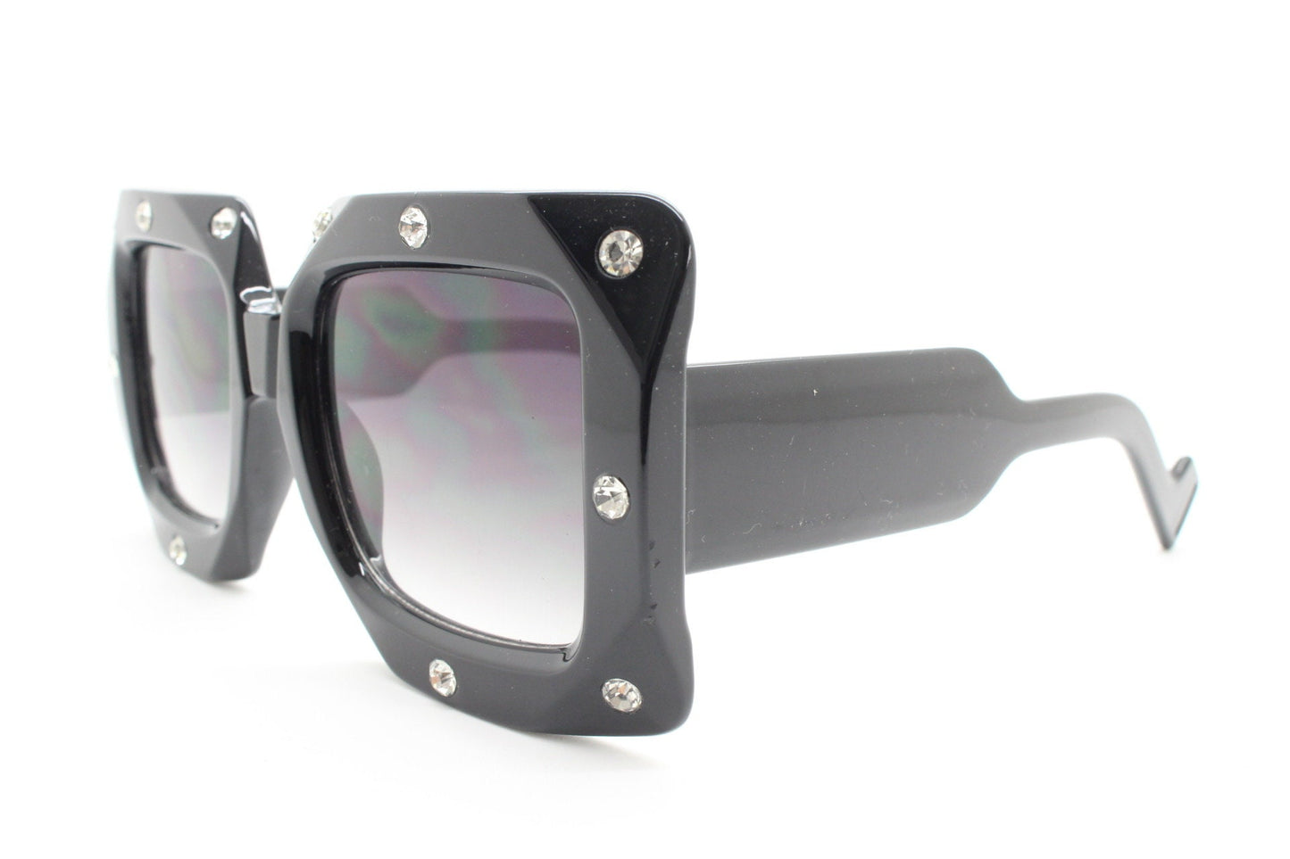 Y2K vintage oversized square diamante sunglasses. Blockbuster women's thick black frame with big rhinestones and smoky lenses. 2000s. BNWT