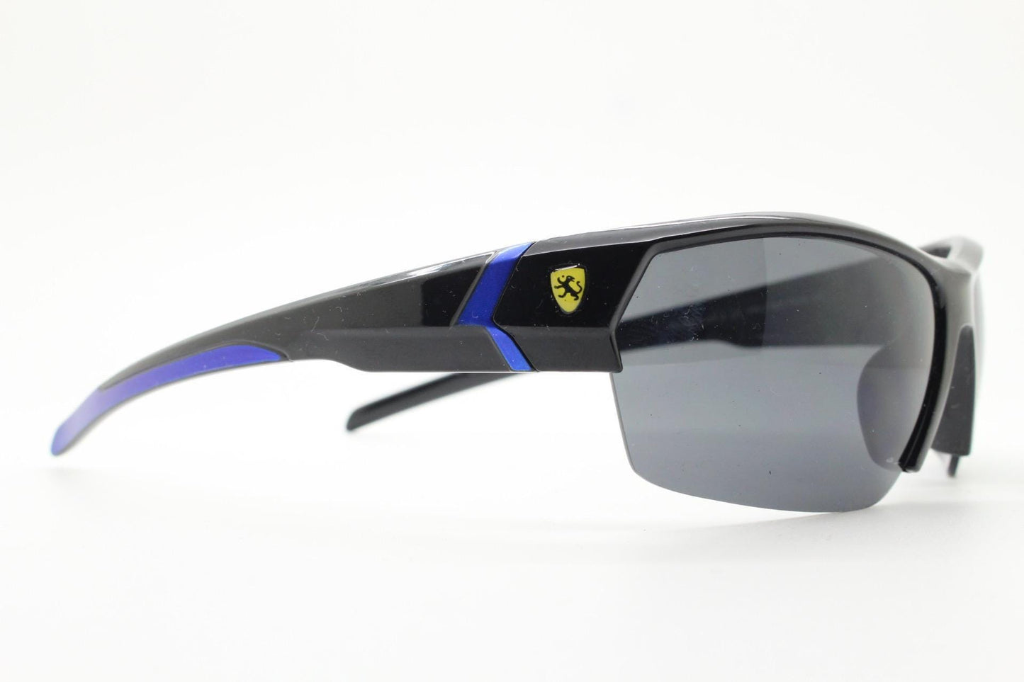 Y2K vintage sport shield sunglasses. All black wraparound aerodynamic visor with blue arm detail. 2000's. 90s. Unused NOS