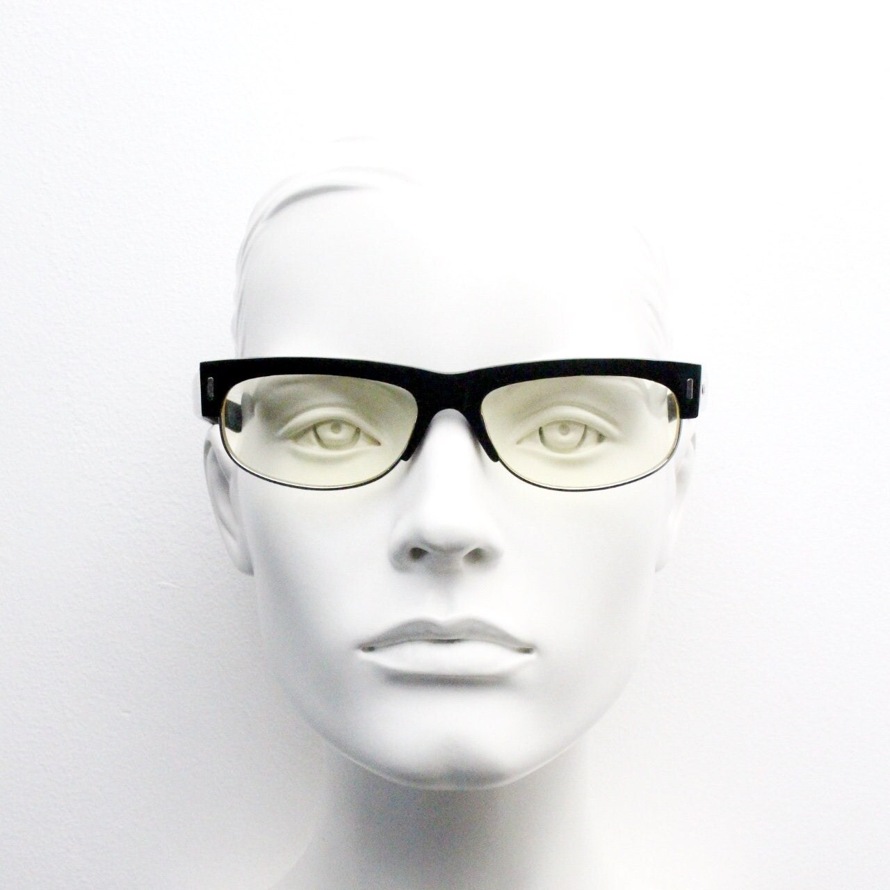 90s vintage half frame glasses. Black gloss low profile flat top design with straight arms and clear lenses. Unused NOS