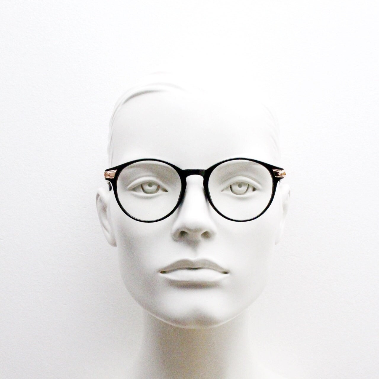 90s vintage round glasses with embossed gold  arms. Black 40s, 50s style prescription optical frames. Clear lens eyeglasses. RX spectacles
