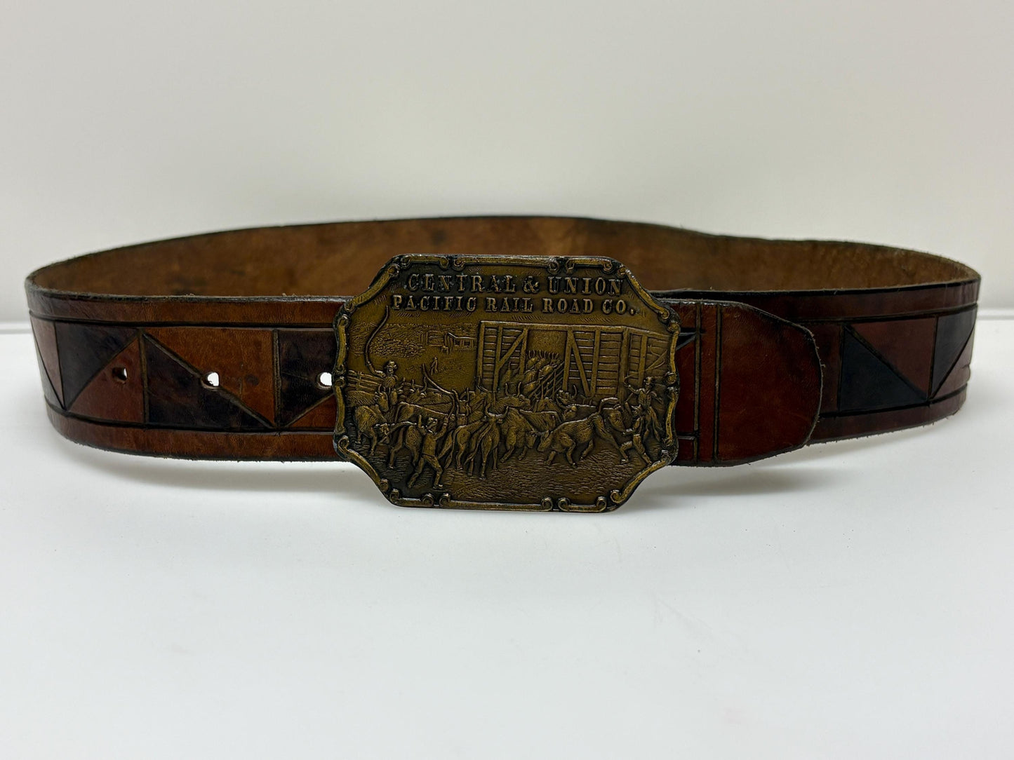 70s vintage brown triangles genuine leather western cowboy belt with big brass changeable buckle. Union Pacific Railroad. Thick cowhide.