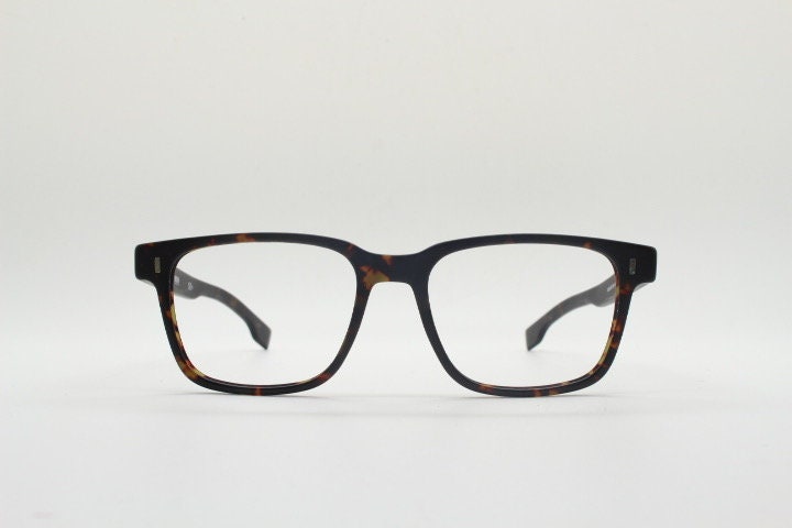 Hugo Boss rectangular eye glasses. Brown satin finish tortoise acetate optical frames. Prescription eyeglasses. Mens vintage RX Spectacles