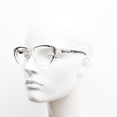 Jean Louis Scherrer 80s vintage cat eye glasses made in France. marbled grey / clear acetate optical frame. Diamante RX prescription cateye
