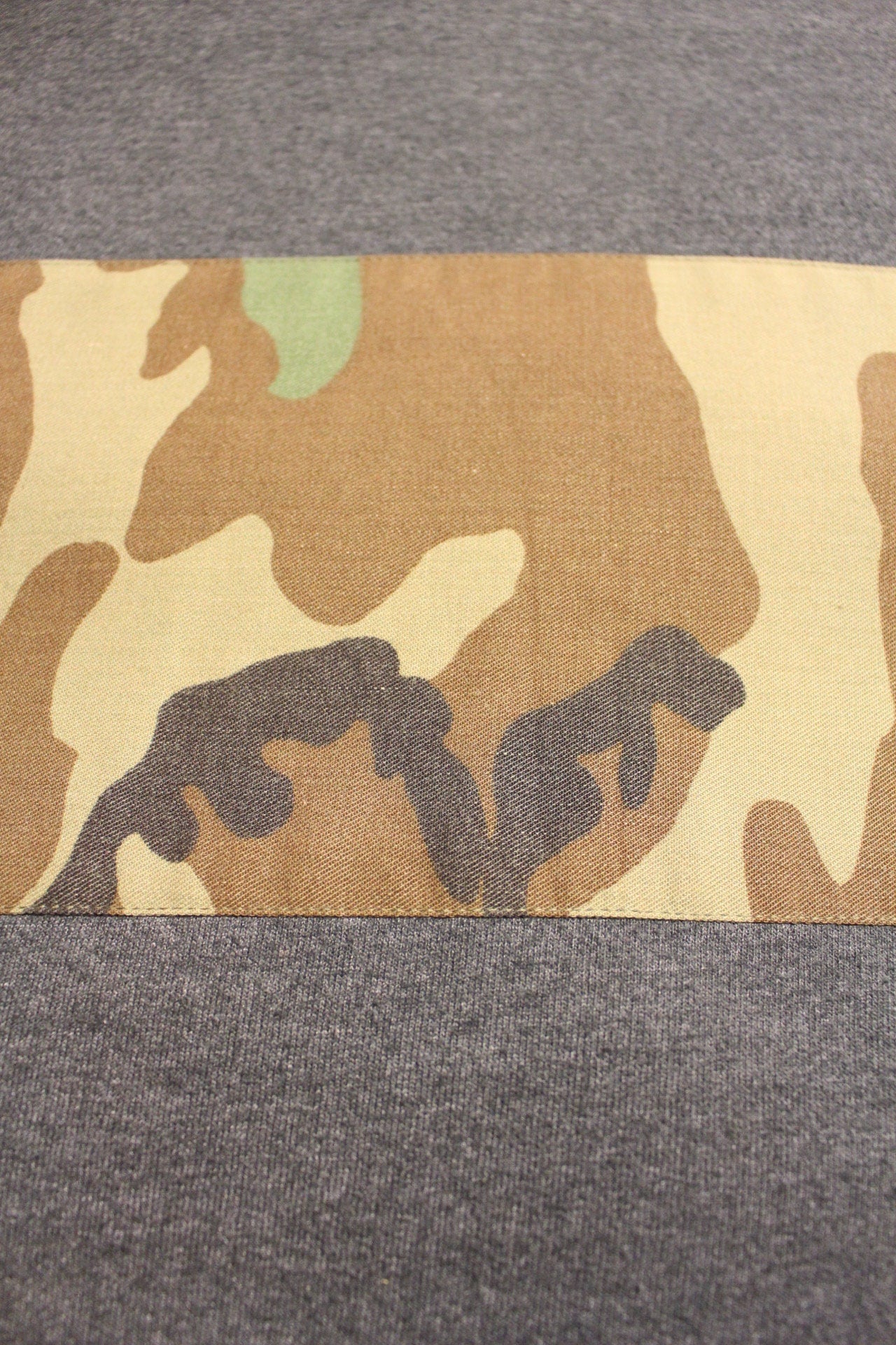 Customised Hanes vintage sweatshirt. Grey fitted crew neck pullover with camouflage panel. Round neck cammo jumper. Mens S