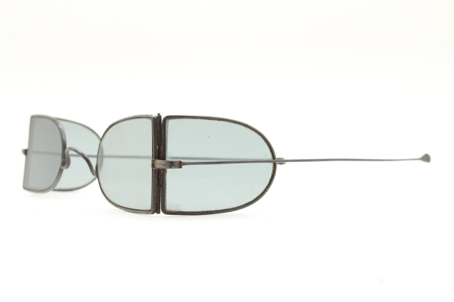 Victorian folding steel train driver sunglasses. Metal double D wire frame with  real glass lenses and side windows. Antique eyewear. VGC