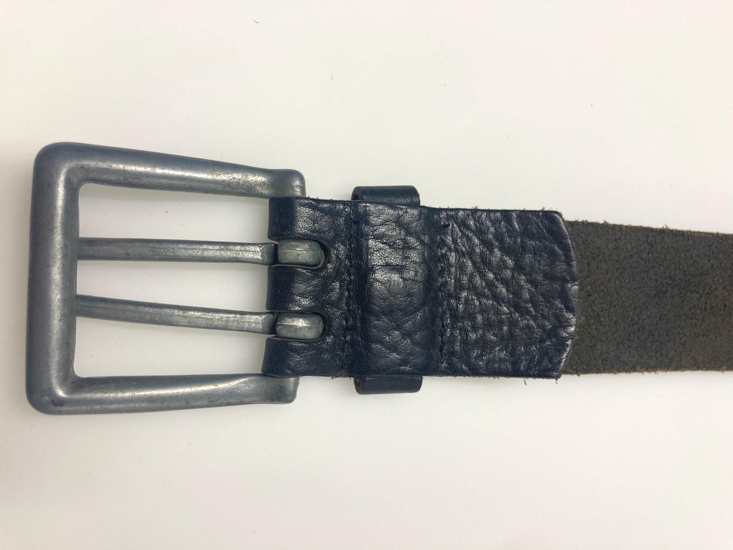 90s vintage heavy duty black genuine leather belt with distressed steel buckle by Mexx. Full grain original finish cowhide. NOS