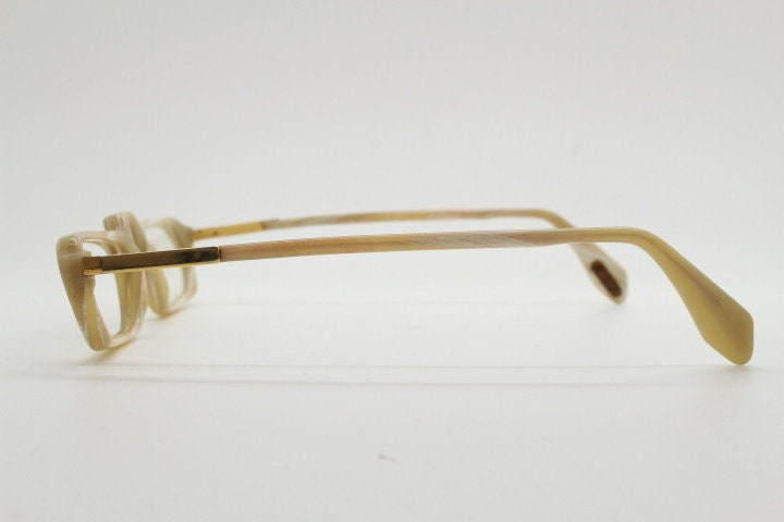 Versace rectangular 90s vintage small eye glasses made in Italy. Beige animal horn look acetate optical frames. Prescription eyeglasses. RX