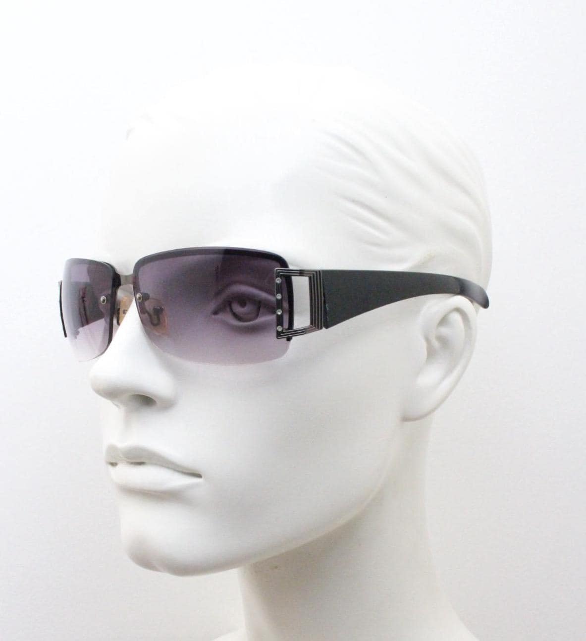 Y2K vintage rectangular wrap around sunglasses. Black half frame with grey metal trim, diamante detail and graduating lenses. Rhinestone