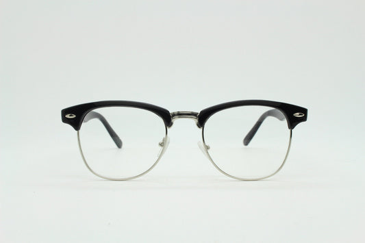 90s vintage black half frame eye glasses. Black gloss browline with silver wire rim frame and clear lenses. Classic 50s, 60s design. NOS