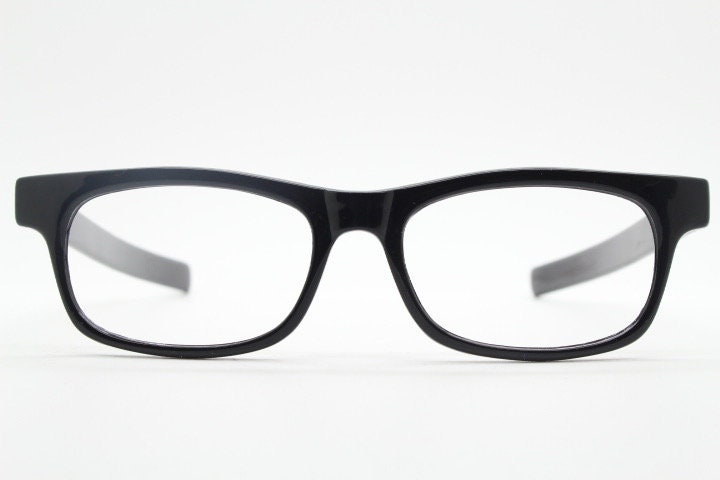 90s vintage black eye glasses. 60s design low profile rectangular straight arm optical frames. Prescription eyeglasses. RX Spectacles. NOS