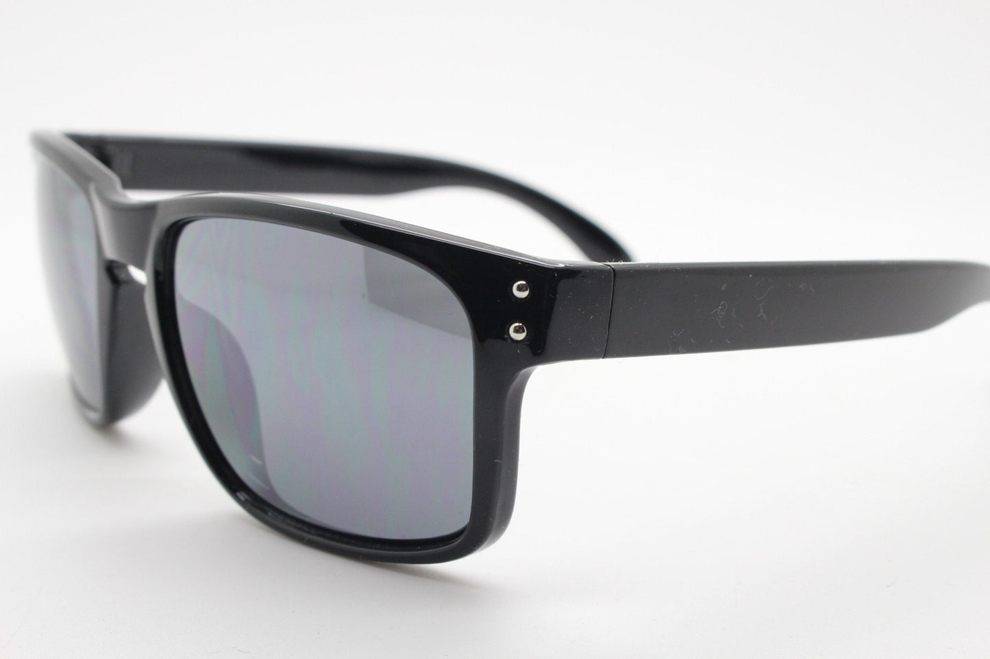 Y2K vintage rectangular sunglasses. Large curved mens black gloss frame with dark grey lenses. NOS
