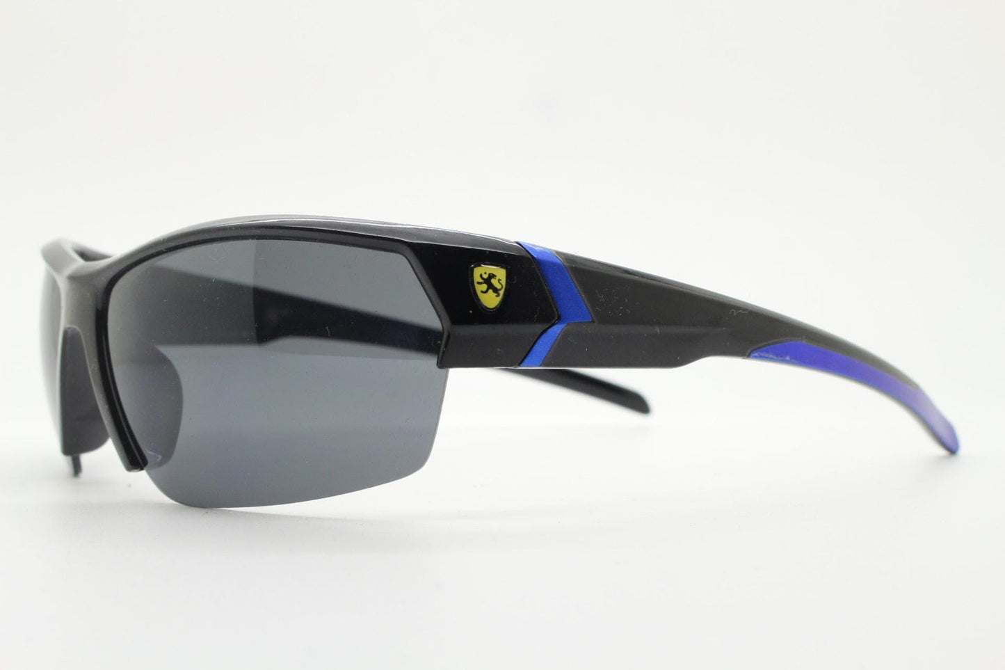 Y2K vintage sport shield sunglasses. All black wraparound aerodynamic visor with blue arm detail. 2000's. 90s. Unused NOS