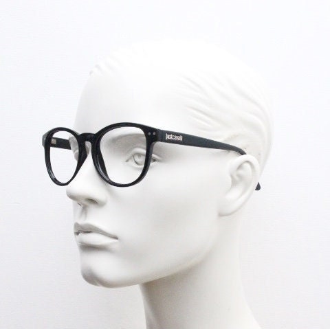 Just Cavalli vintage round eye glasses. Black gloss acetate optical frames with keyhole bridge. Prescription RX spectacles