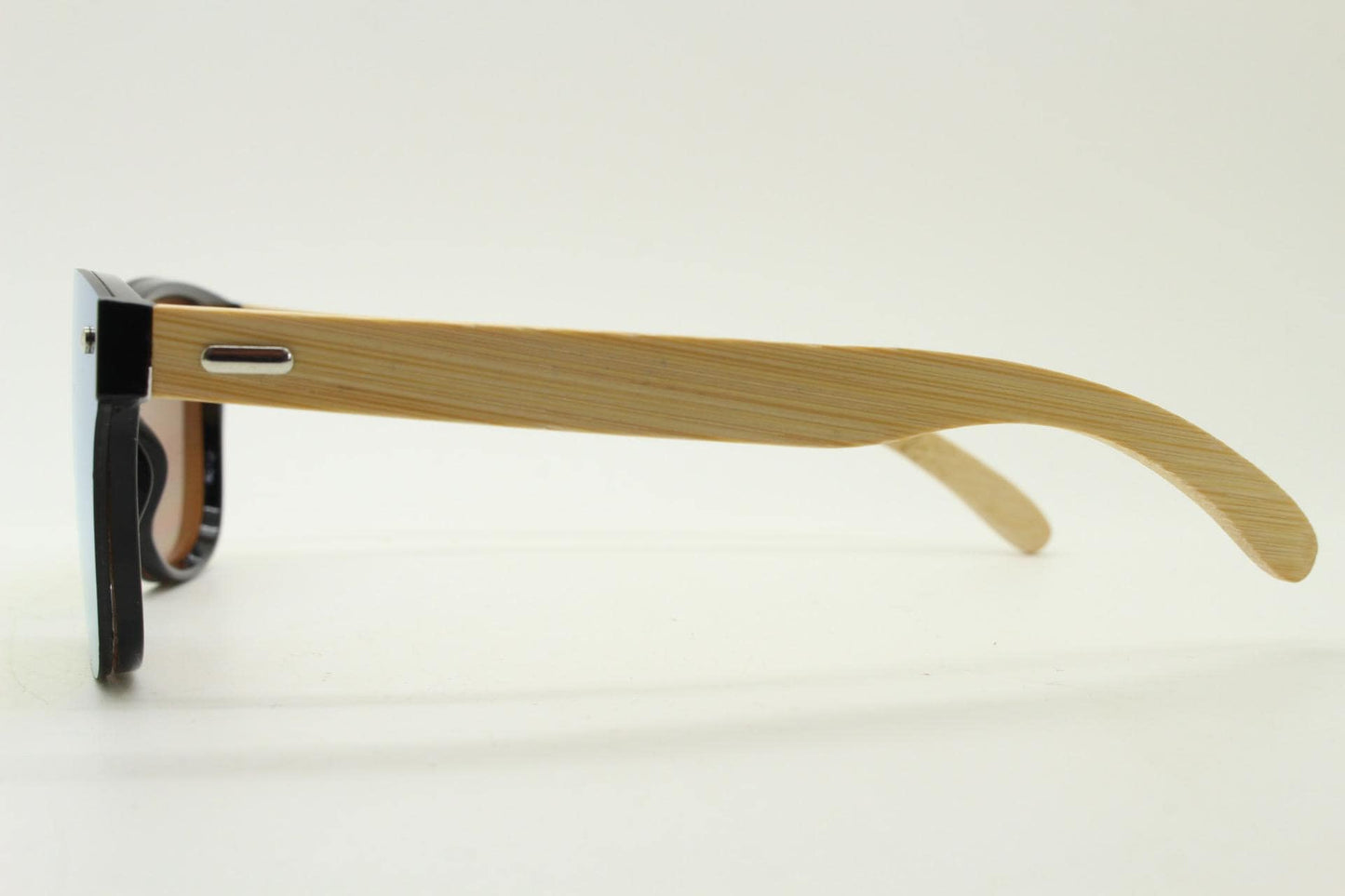 Modified wayfarer design mono lens sunglasses. Gold mirror flat front with beige real wooden arms. Unused NOS