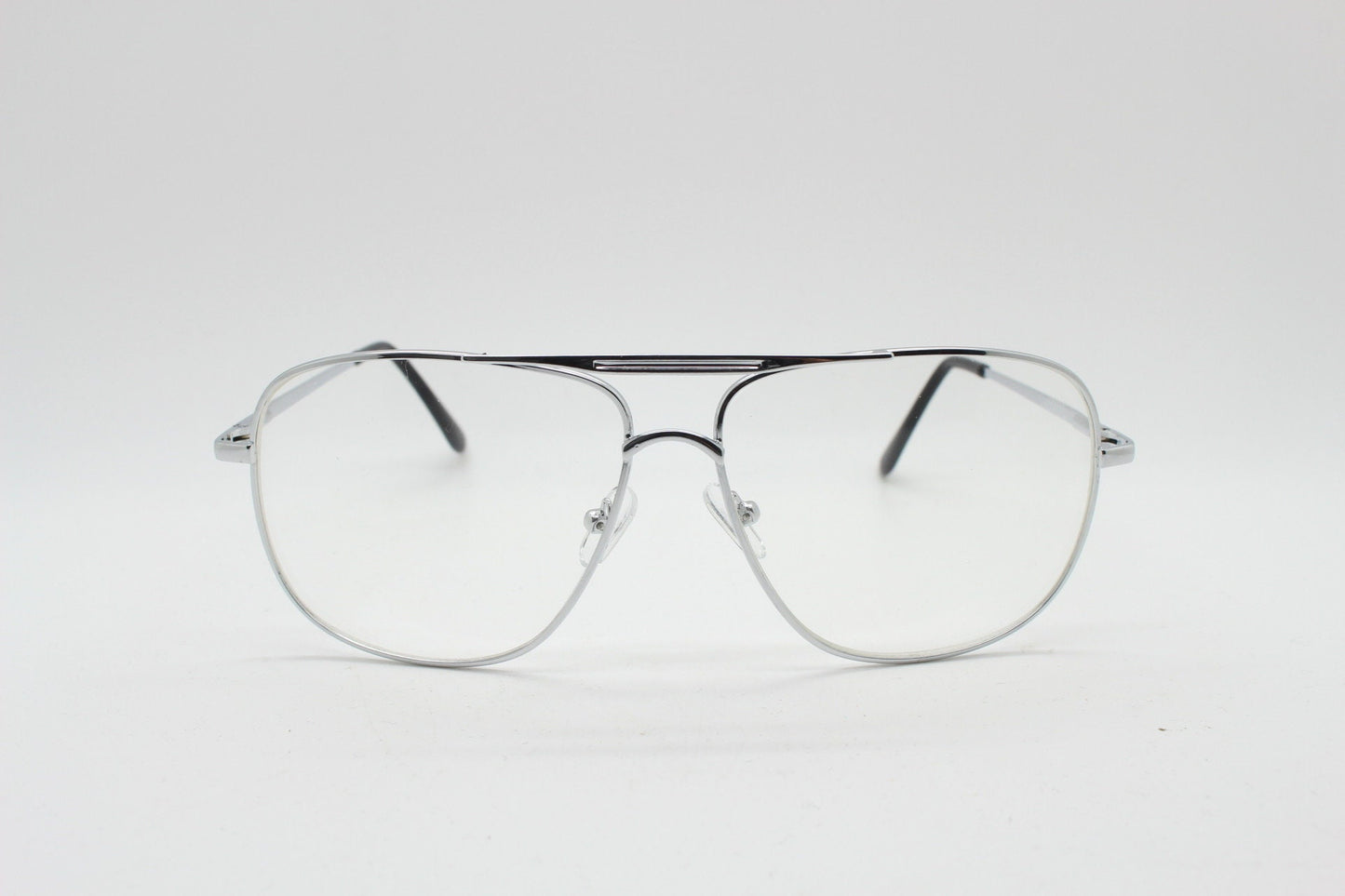 Y2K vintage square aviator glasses. Mens 70s style silver chrome frame with clear lenses. Unused NOS aviators