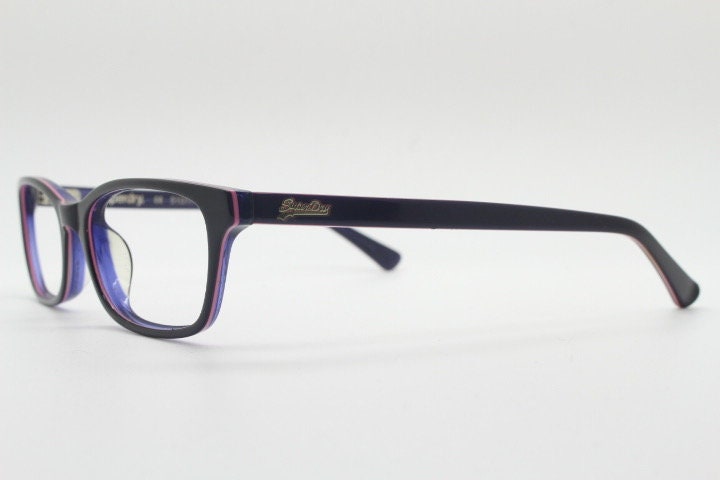 Superdry rectangular low profile eye glasses. Black gloss layered acetate optical frames. Prescription eyeglasses. RX spectacles