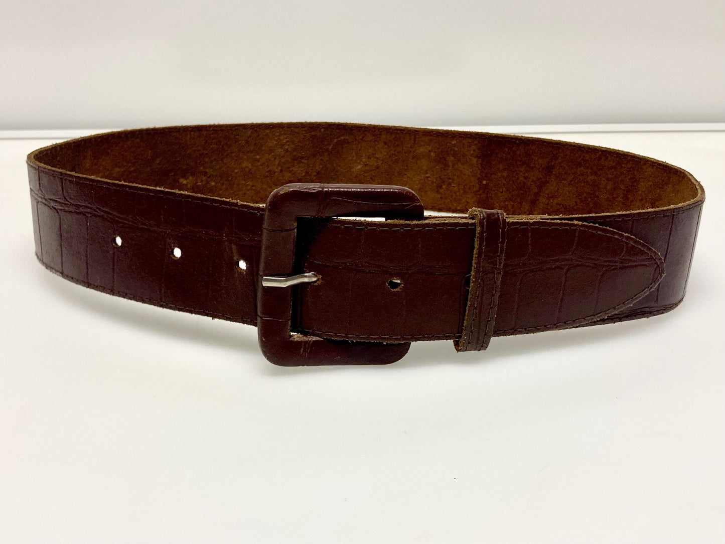 80s vintage womens dress or jeans belt with covered buckle by Astor. Genuine embossed leather made to look like crocodile. Made in Germany