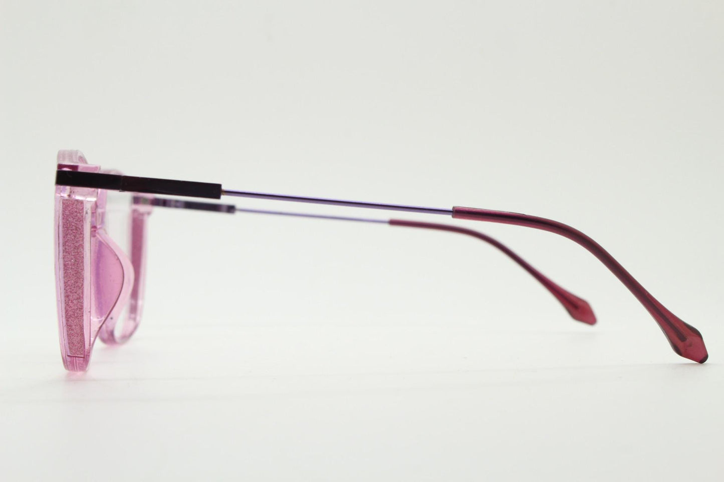 Round cat eye glasses. Transparent pink cateye optical frame with purple metal arms and eyecatching glitter sides. Vintage Prescription RX