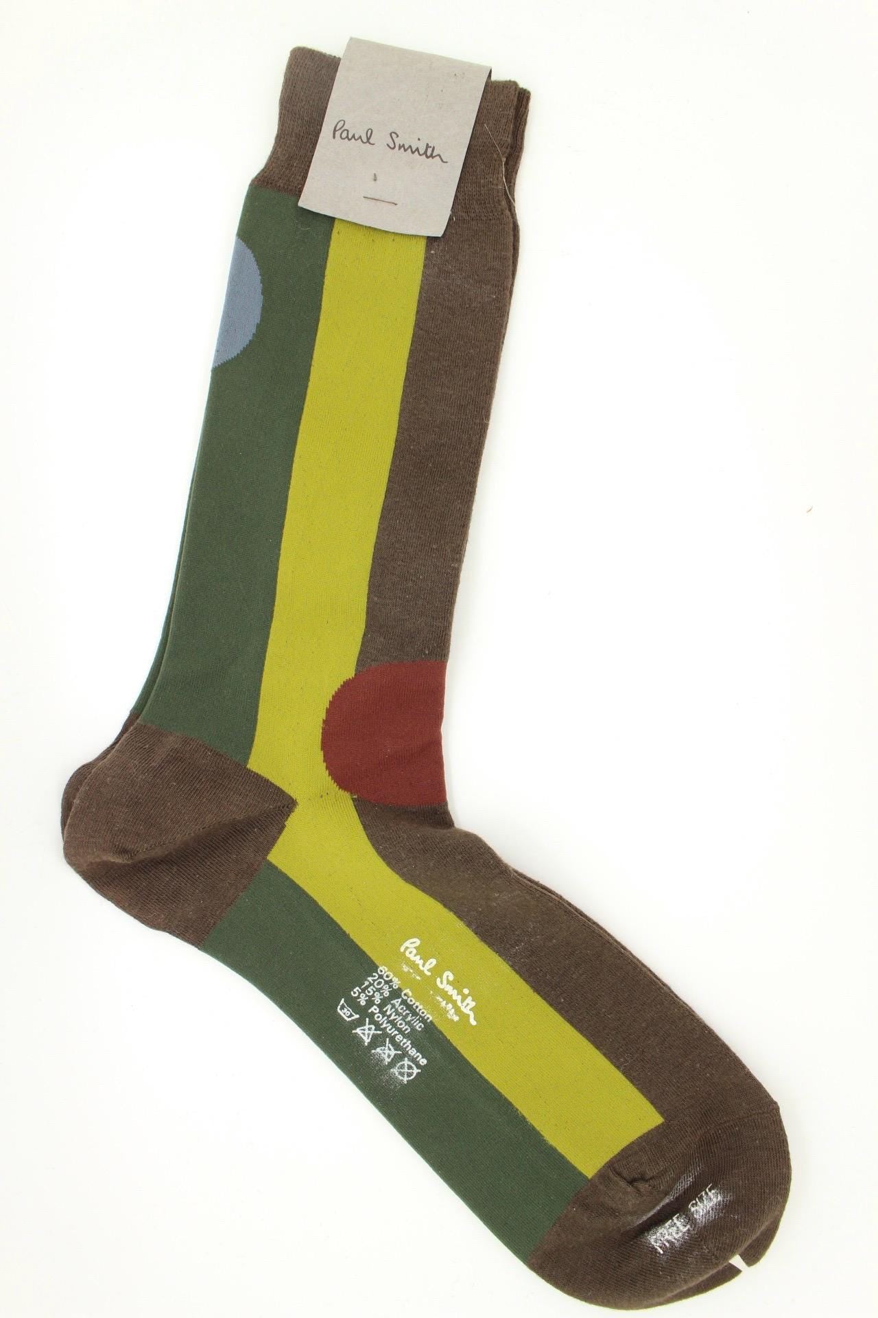 Paul Smith broad striped socks in green, brown and emerald tones with big circles. From the world famous Harrods store. Vintage NOS. BNWT