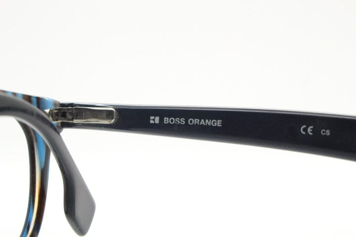 Boss Orange vintage wayfarer shape eye glasses. Black and navy striped optical frames with keyhole bridge. Prescription eyeglasses. RX  Hugo