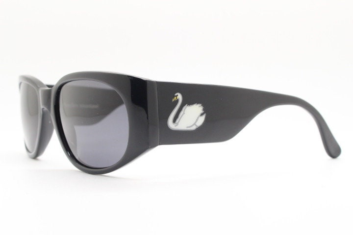 Charles Anastase for Linda Farrow Gallery sunglasses. Womens black gloss acetate  thick frame design with tall arms and swans. NOS vintage