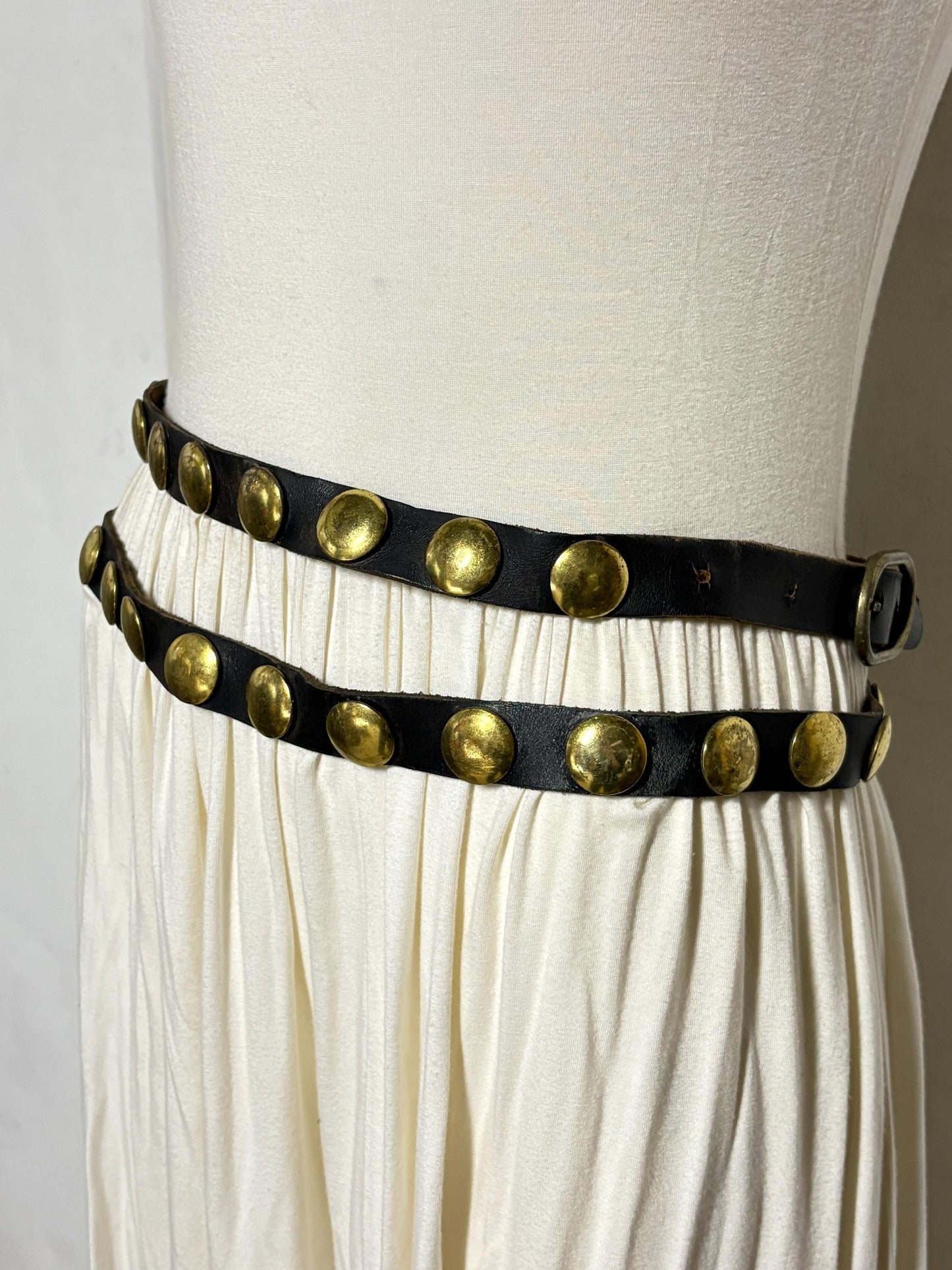 50s vintage double belt for a dress. Black genuine leather 1" height with big brass dome studs. Mexican Mariachi style cowgirl