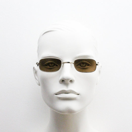 80s vintage rectangular low profile metal sunglasses. Minimal 60s mens mod design in gold chrome frame with brown lenses. NOS
