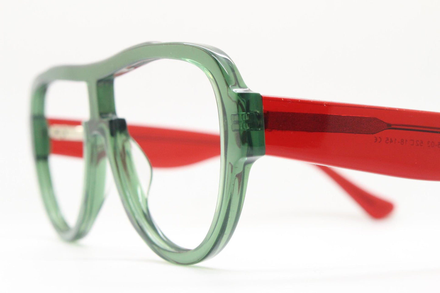 Modified acetate aviator eye glasses in dynamic transparent red and green. Optical frame. Prescription eyeglasses. RX spectacles. Vintage