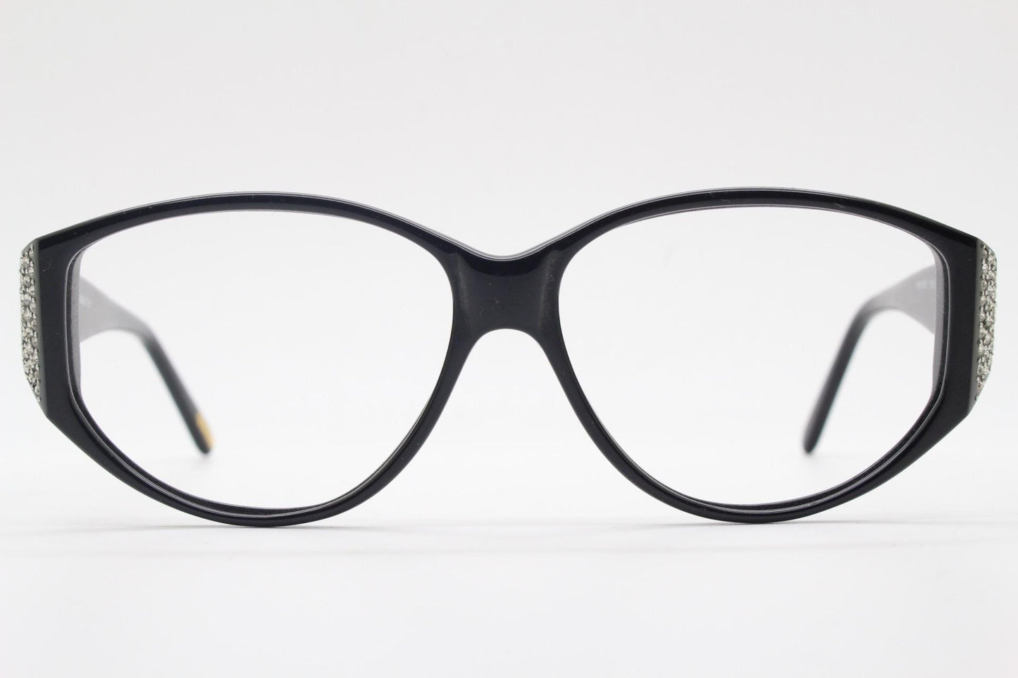 Versace modified cropped cat eye glasses made in Italy. Black gloss acetate optical frames with dramatic diamante. Prescription. Vintage NOS