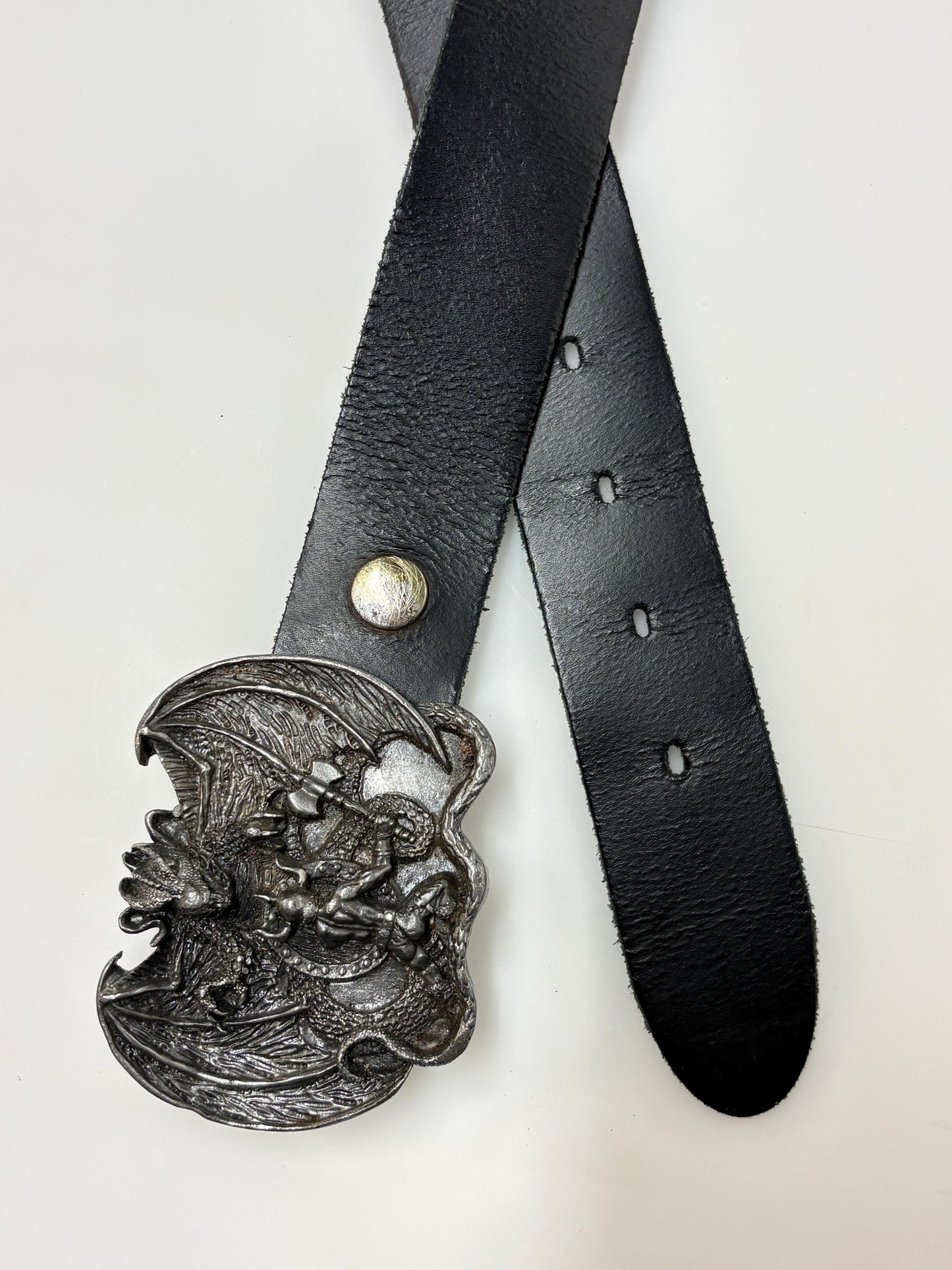 Bergamot brass works 1982 vintage 3D Beowulf and the dragon buckle on black genuine leather  changeable belt. Mythical fantasy. 80s