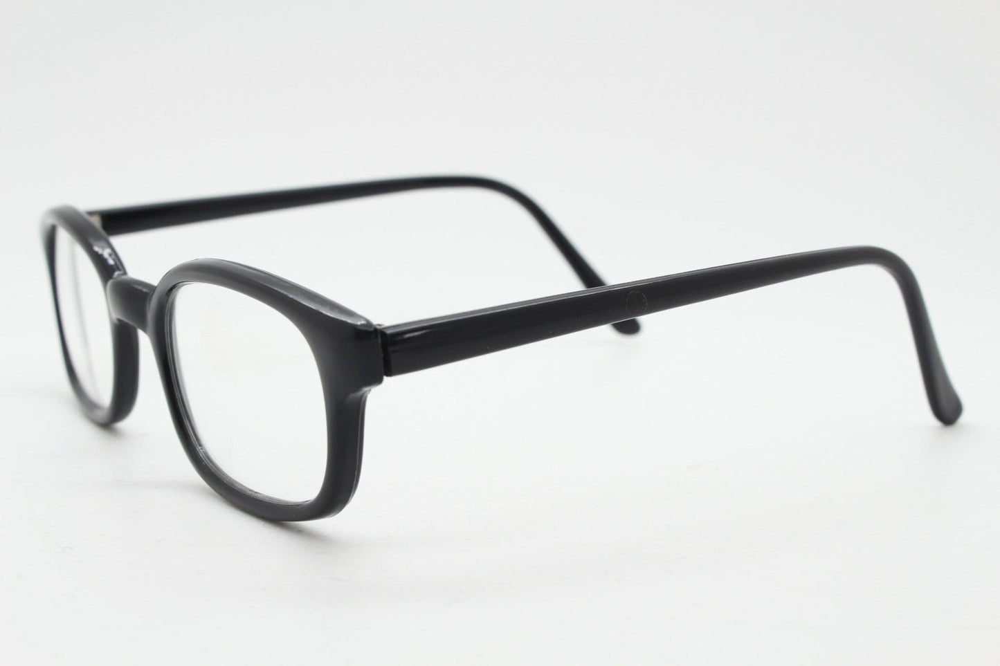 80s vintage low profile wayfarer style glasses. Black acetate optical frames with clear lenses. Prescription eyeglasses. RX Spectacles. NOS