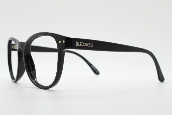 Just Cavalli vintage round eye glasses. Black gloss acetate optical frames with keyhole bridge. Prescription RX spectacles