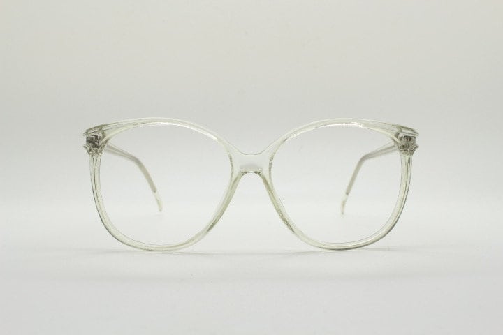 80s vintage oversized round cat eye glasses. Transparent clear crystal optical frame. Prescription RX spectacles. Clean NOS cateye