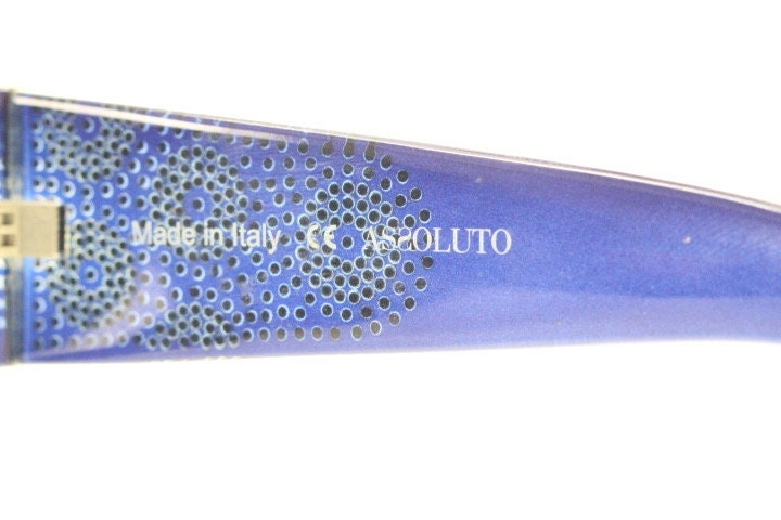 Assoluto 90s vintage wrap around rhinestone shield sunglasses made in Italy. Deep blue acetate frame with dazzling diamante circles. NOS