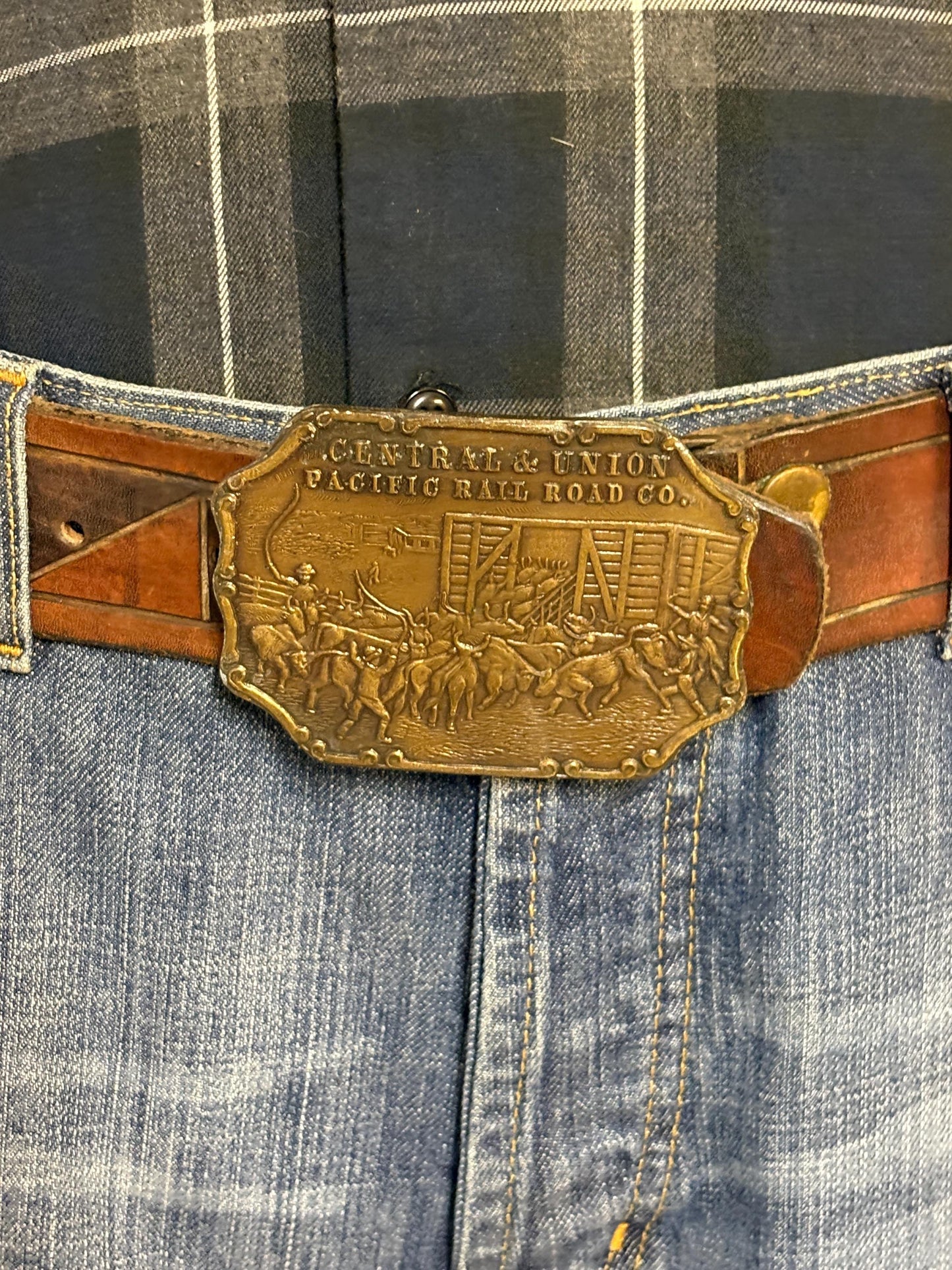 70s vintage brown triangles genuine leather western cowboy belt with big brass changeable buckle. Union Pacific Railroad. Thick cowhide.