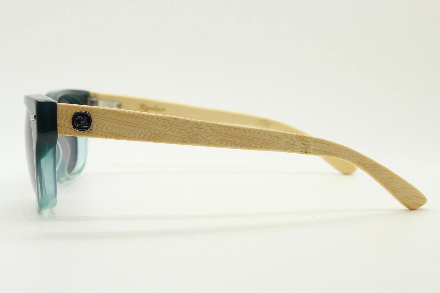 Calisons ryder modified wayfarer design sunglasses. Thickened blue acetate front with natural real wooden arms. Unused NOS