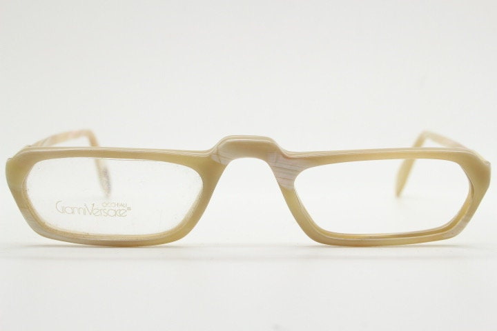 Versace rectangular 90s vintage small eye glasses made in Italy. Beige animal horn look acetate optical frames. Prescription eyeglasses. RX