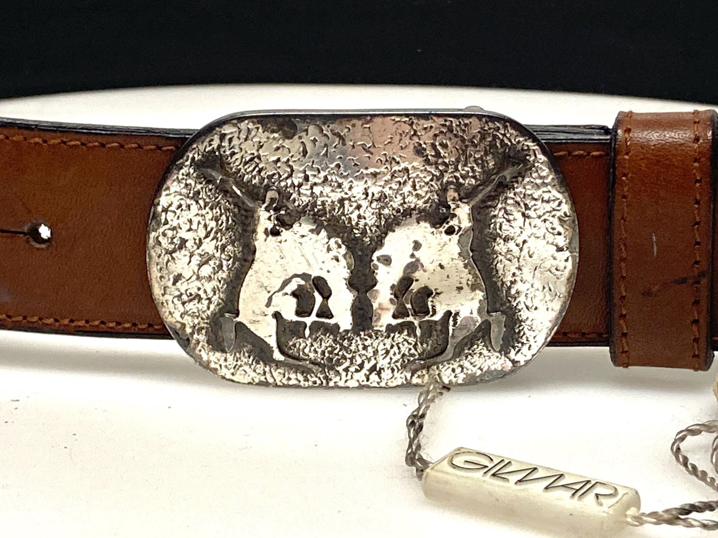 Iceberg 90s vintage black and brown genuine leather belt with big silver buckle depicting bucking bronco's. Made in Italy. BNWT. NOS