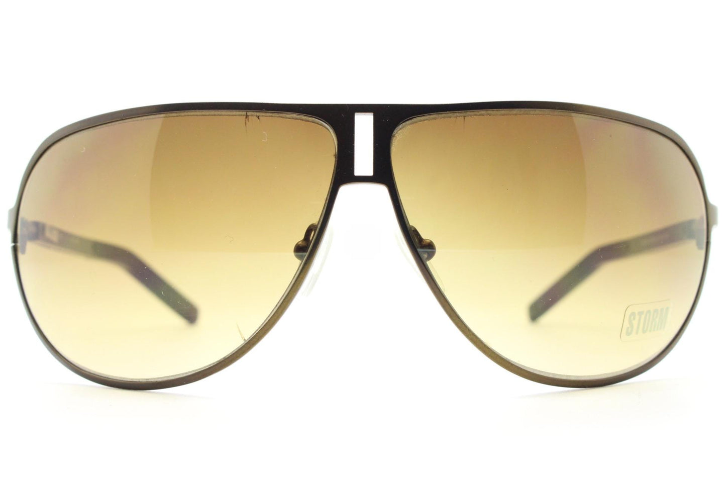 Storm Y2K bug eye aviator sunglasses model Photon. Bronze satin finish shield style aviators with graduating brown lenses.  Unused NOS.