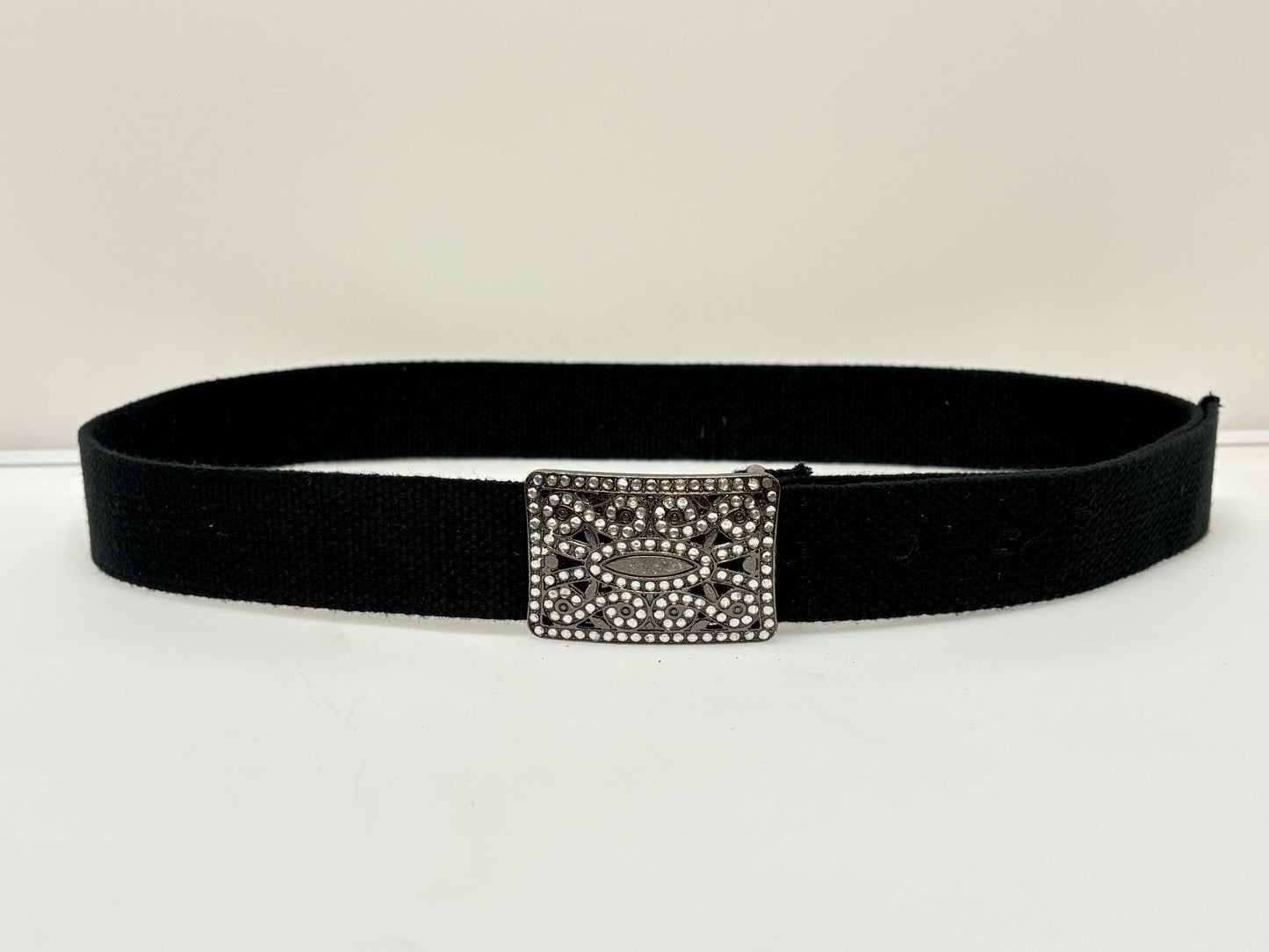 Y2K vintage canvas black army style belt with gunmetal grey buckle with ornate diamante pattern. 2000s ice bling. Rhinestone. Unused NOS