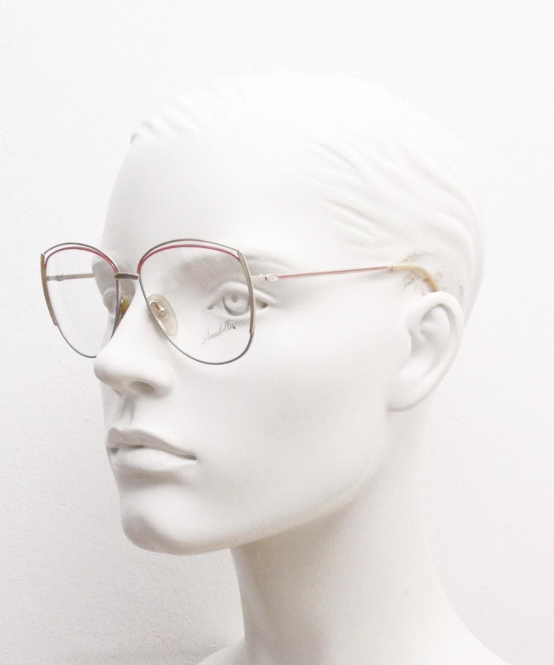 80s vintage gold metal eye glasses made in Italy by Annabella. Inventive double brow with pink highlights. Optical frame. Prescription NOS