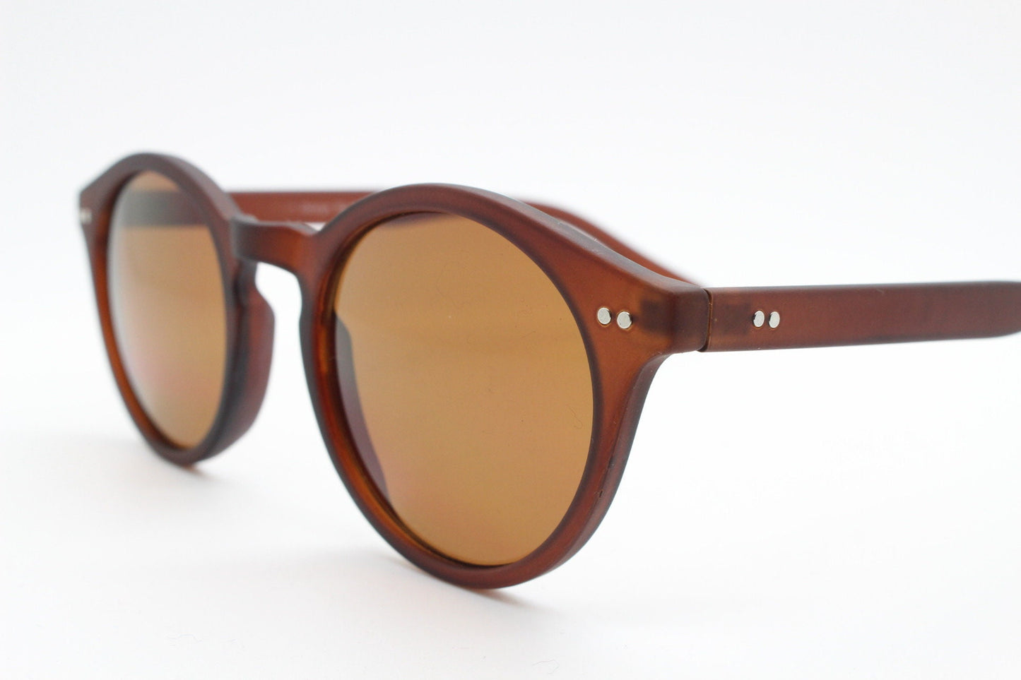 90s vintage small round sunglasses. 30s, 20s design brown frame in a rubber finish with matching warm brown lenses. BNWT